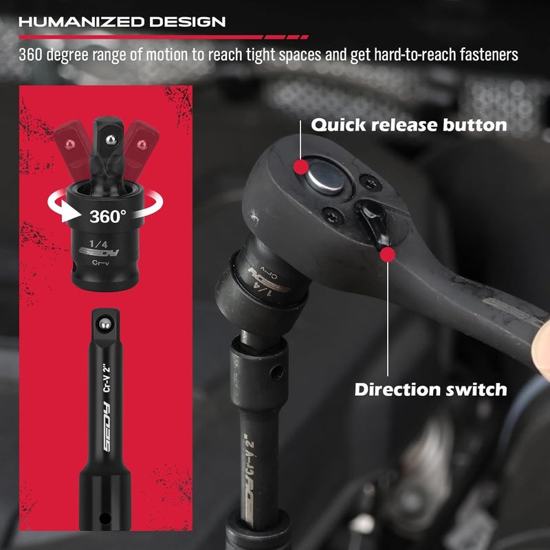 SEDY 105-Piece 1/4" Drive Impact Socket Set, SAE 5/32"-9/16" & Metric 4-15mm, CR-V Steel Mechanics Tool Set with Ratchet Wrench, Adapters, Universal Joint, Screwdriver Bits, Bit Holder, Extension Bar - Image 4